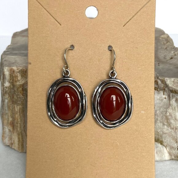 Sterling Silver 925 Israel B Oval Carnelian Cabochon Dangle Drop Earrings - Picture 1 of 16